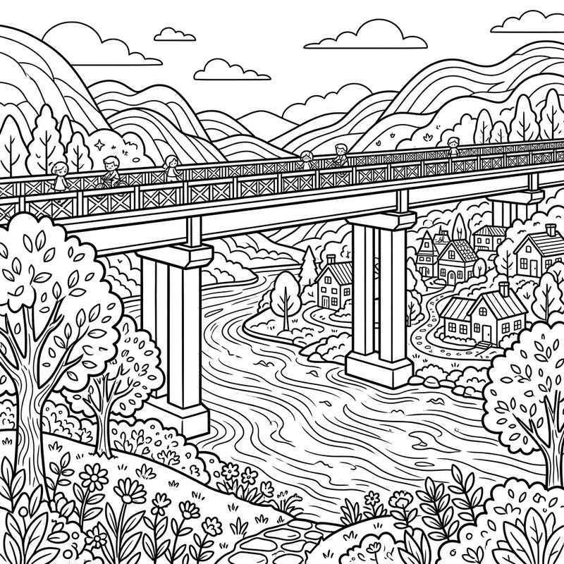 Embark on a captivating coloring journey with this intricate Beam Bridge full scene. Discover a charming riverside village and lush natural scenery, all waiting for your creative touch.