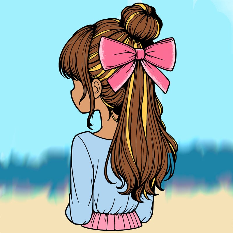 realistic girl  with hip length hair a bun and a big bow on the back of head