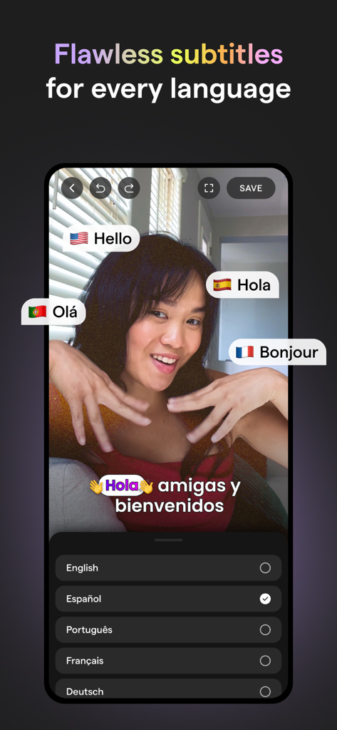 Mojo App-Oberfläche, die automatische Untertitel und Untertitelübersetzungen für Social-Media-Videos in mehreren Sprachen zeigt