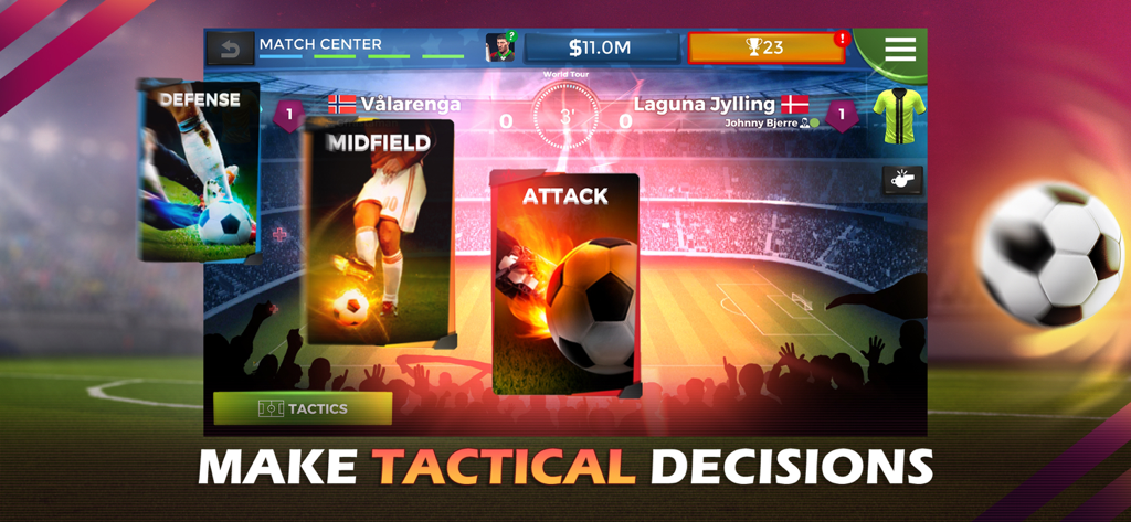 Pantalla de decisión táctica en el juego Pro 11 Soccer Manager con tarjetas de defensa, mediocampo y ataque