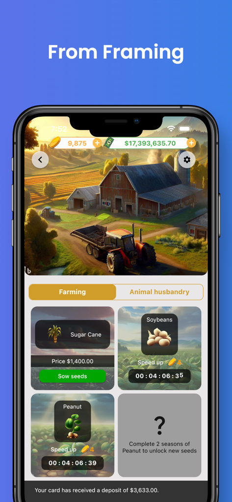 Sim Life - Business Simulator - Mobile gameplay screenshot of Sim Life showing a farm management interface with crop options like sugar cane and soybeans