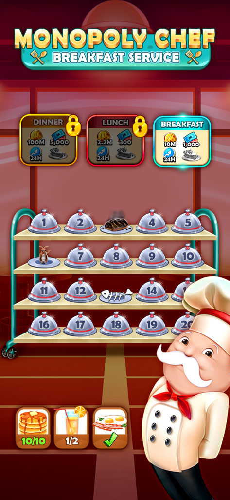 Mr. Monopoly as a chef in the Breakfast Service mini-game with food icons and numbered trays.