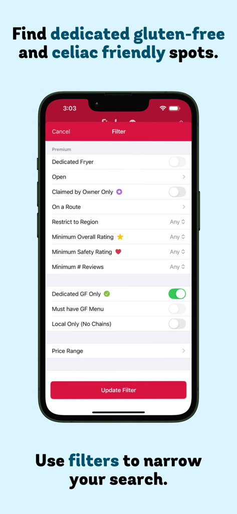 Filtros de pesquisa para restaurantes sem glúten e amigos de celíacos.
