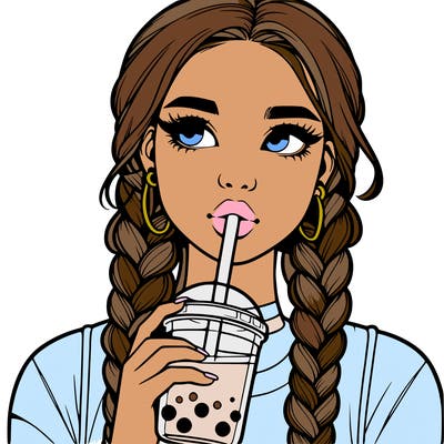 realistic girl with braided hair drinking boba
