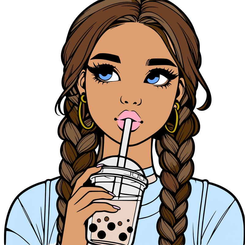 realistic girl with braided hair drinking boba