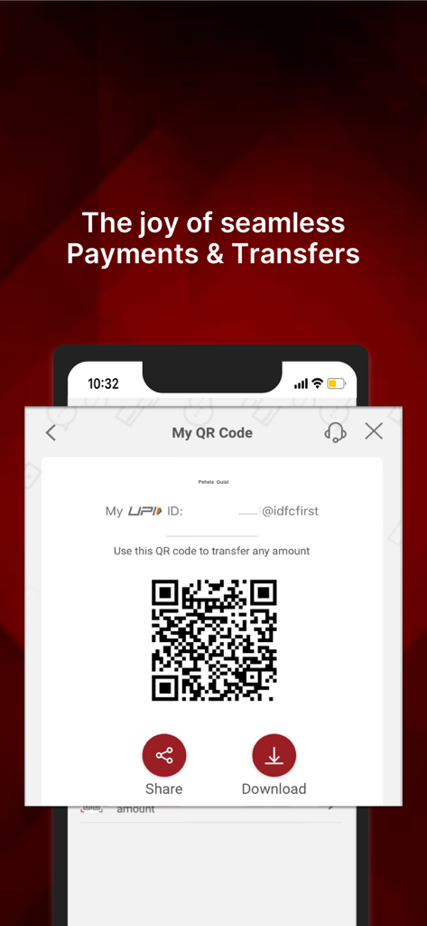 Tela do aplicativo IDFC FIRST Bank mostrando um código QR UPI para pagamentos e transferências perfeitas