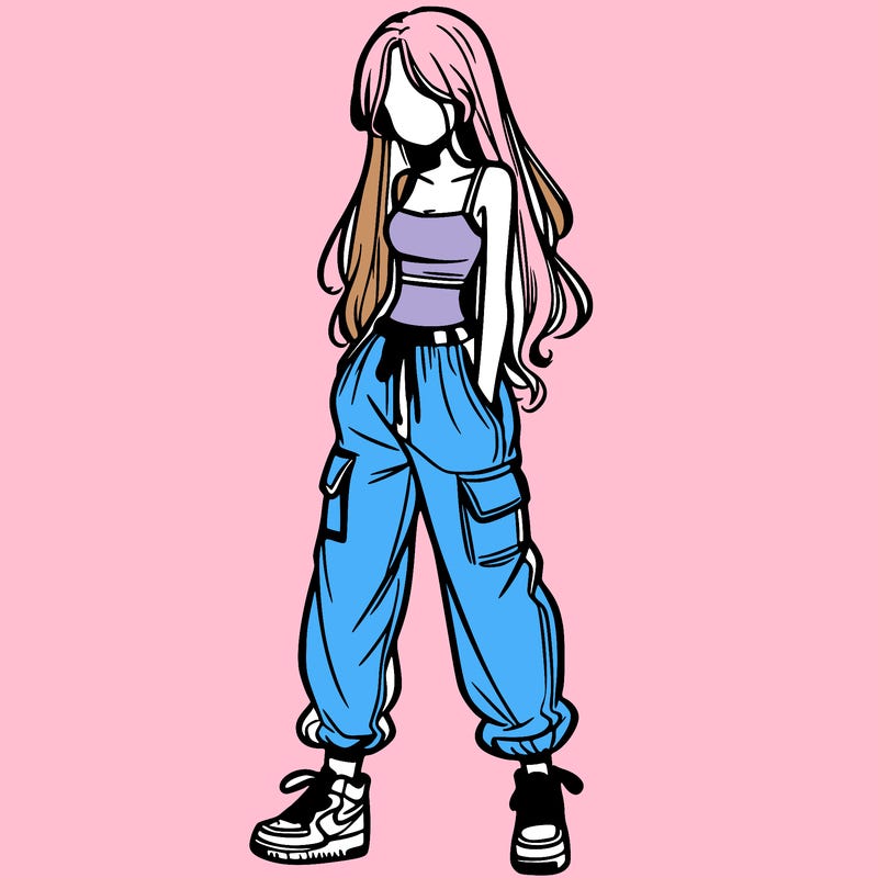 girl in baggy pants crop top and long hair