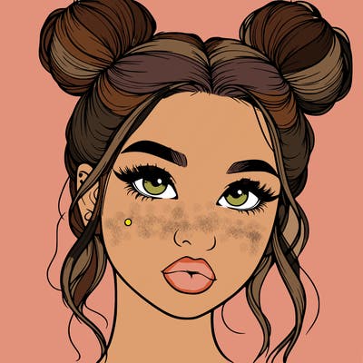 realistic girl with two buns on her hair and lips