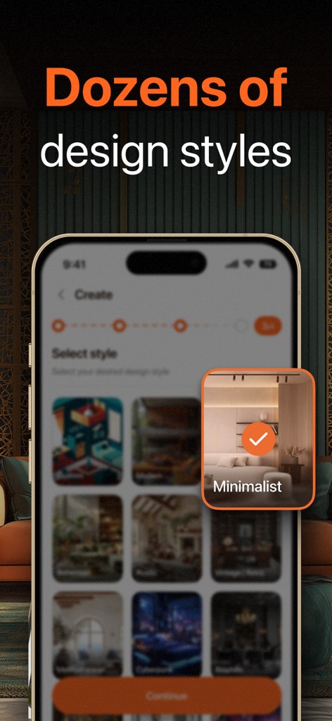 Homely AI app screen showing multiple interior design styles with the minimalist option selected