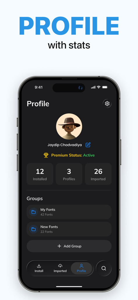 La pantalla de perfil de usuario de la app Fontsia mostrando estadísticas de fuentes instaladas y grupos de fuentes organizados.