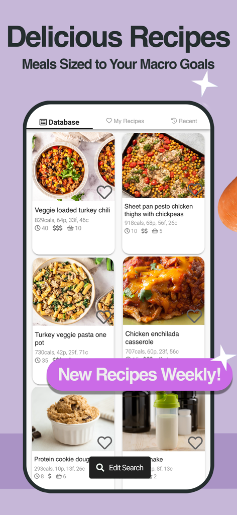 A mobile interface from The Weight Gain App showing a recipe database with healthy high-protein meals and macro goals