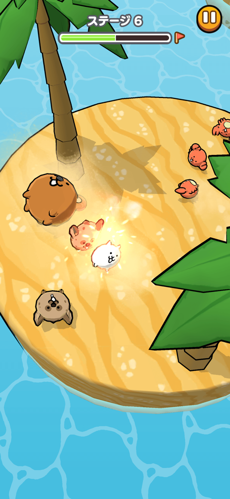 Battle Cats Quest - A white cat character knocking animal rivals off a sandy island in Battle Cats Quest