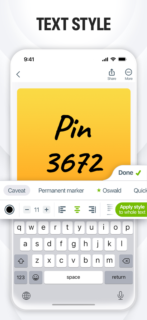 Sticky Notes & Color Widget - Interface of the Sticky Notes app showing font style and text formatting options for a yellow digital note.