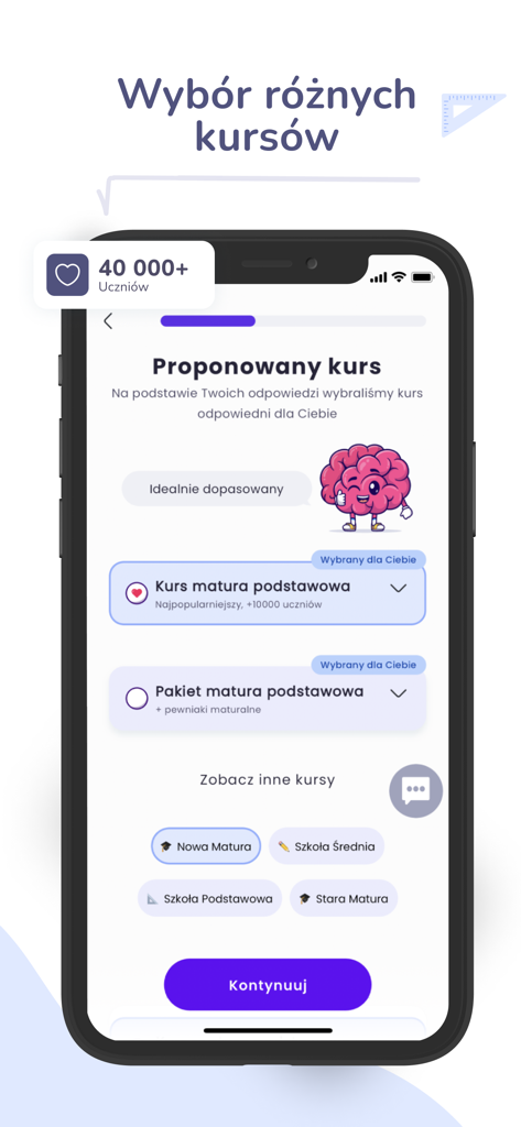 Mobile app interface showing a selection of math exam preparation courses for the Polish Matura and primary school.