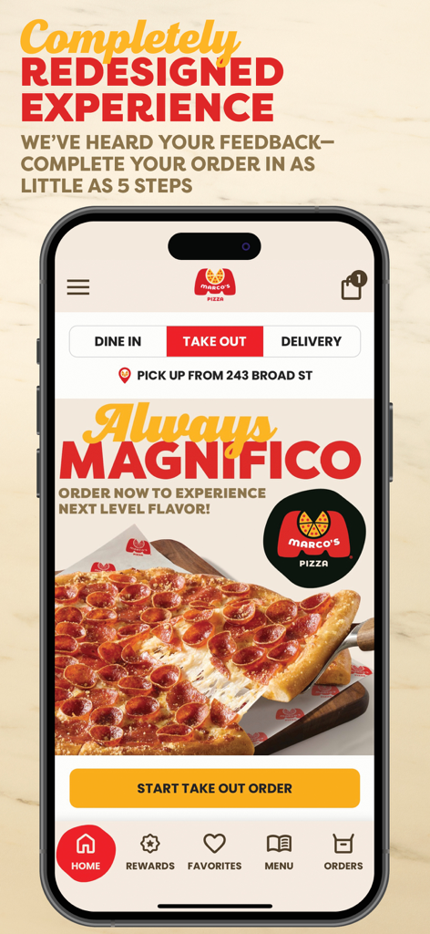 Marco’s Pizza - Écran d'accueil de l'application Marcos Pizza montrant une pizza pepperoni et des options de commande à emporter.