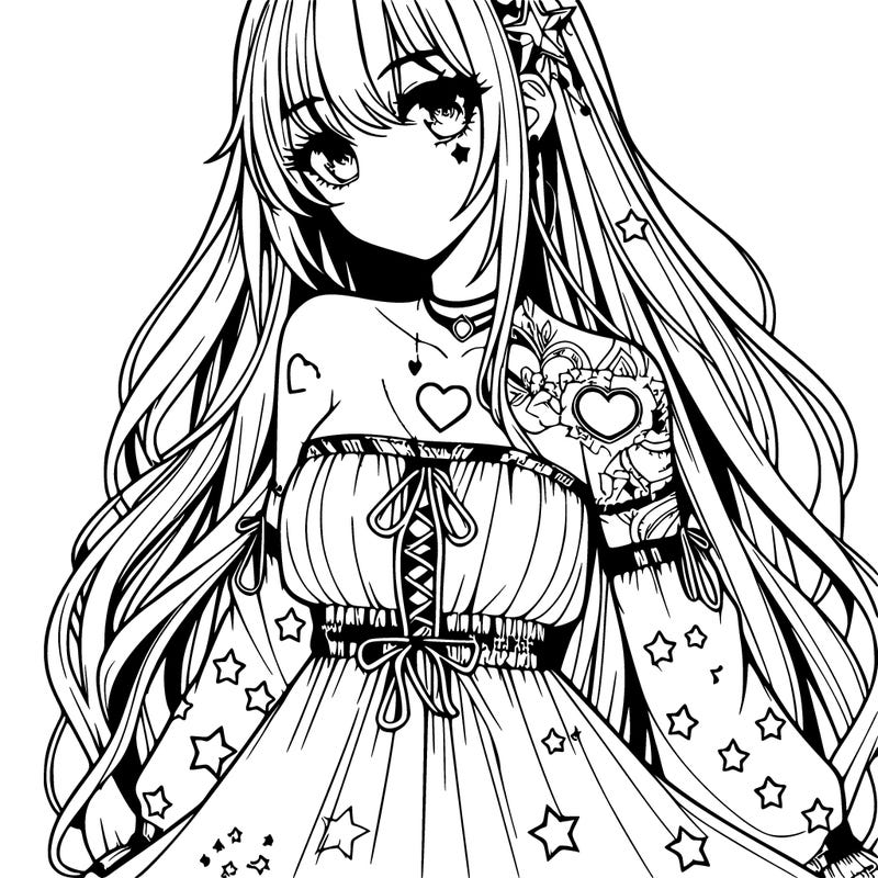 realistic anime girl with long hair star heart tattoos with a fabric dress