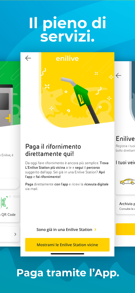 Enilive app interface showing mobile fuel payment screen with a green fuel nozzle illustration
