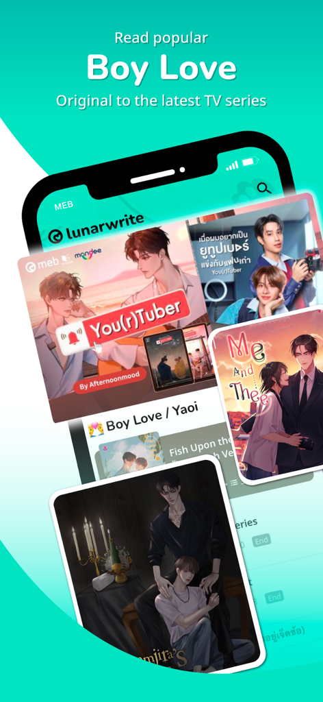 Lunarwrite app interface showcasing popular Thai Boy Love novels.