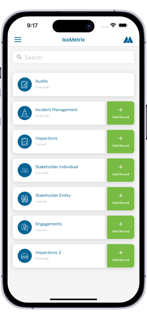 Main dashboard of the IsoMetrix mobile app displaying categories like Audits and Incident Management with buttons to add records.