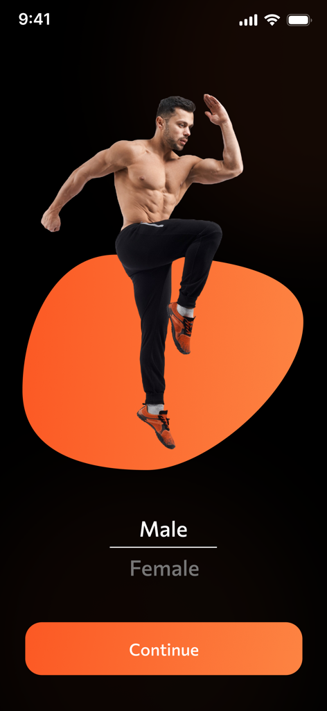 Ai Muscle Body Editor - Gender selection screen for the Ai Muscle Body Editor app featuring a muscular male figure.