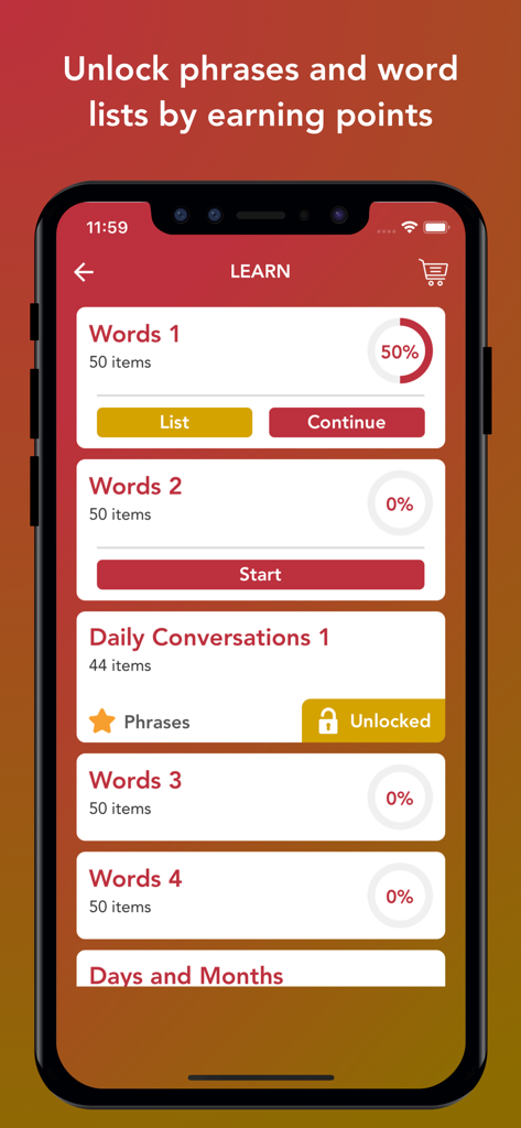 Tobo: Learn Spanish Vocabulary - Interface of the Tobo Spanish app showing different word lists and daily conversation categories with progress bars