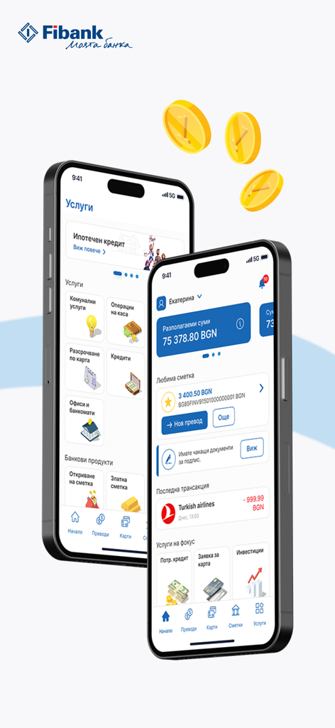 My Fibank - Two iPhones displaying the My Fibank mobile banking app interface with account balance and financial services