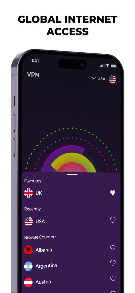 Louna System - VPN & Cleaner - iPhone에서 전 세계 인터넷 액세스를 위한 국가 목록을 보여주는 Louna System 앱 VPN 인터페이스