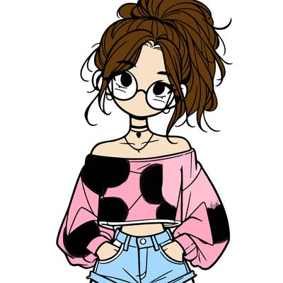 girl with a messy ponytail glasses a baggy crop top and jean shorts