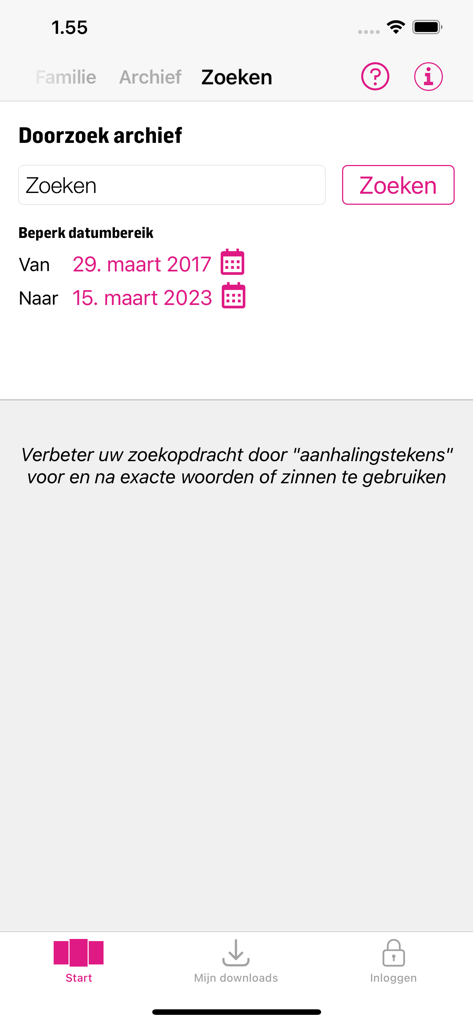 TV Familie - Interfaz de búsqueda del archivo de la aplicación TV Familie con filtros de rango de fechas y consejos de búsqueda.