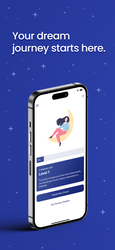Dreamify - Dream Interpreter - Um smartphone mostrando a tela de boas-vindas do aplicativo Dreamify com uma mulher sentada em uma lua crescente e um botão para enviar um novo sonho.