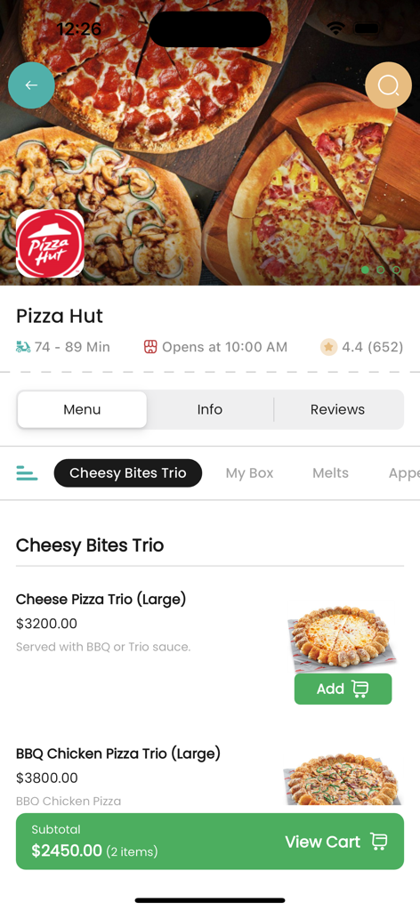 7Krave Food & Marketplace - Captura de tela do aplicativo 7Krave exibindo o menu da Pizza Hut com fotos interativas e preços de entrega