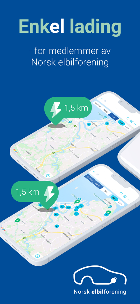 Elbilappen App-Oberfläche, die Elektrofahrzeug-Ladestationen und Entfernungen auf einer Karte anzeigt.