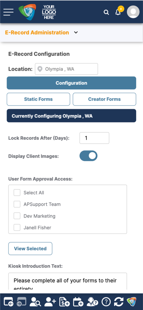 AestheticsPro - E-Record Administration screen in AestheticsPro showing configuration settings for medical spa records and forms