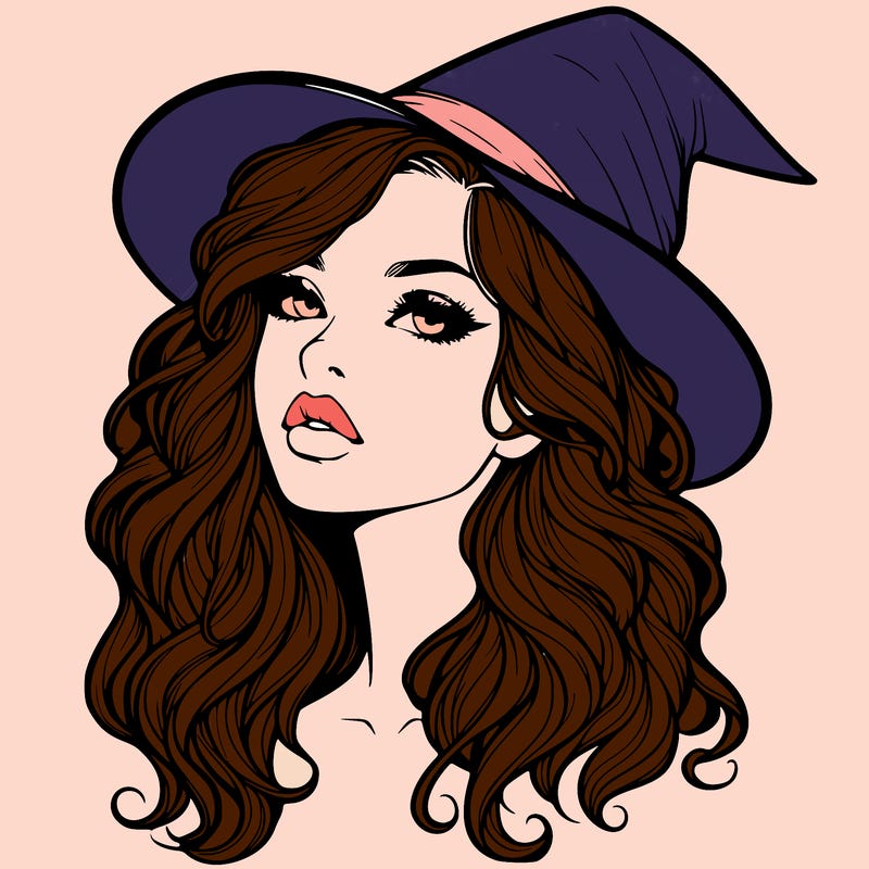 realistic witch girl with wavy hair and lips