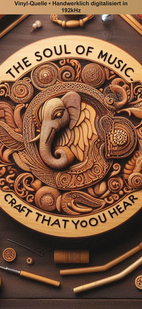 Mother Earth Radio - Intricate wooden carving of an elephant with the slogans The Soul of Music and Craft That You Hear representing handcrafted high-fidelity audio.