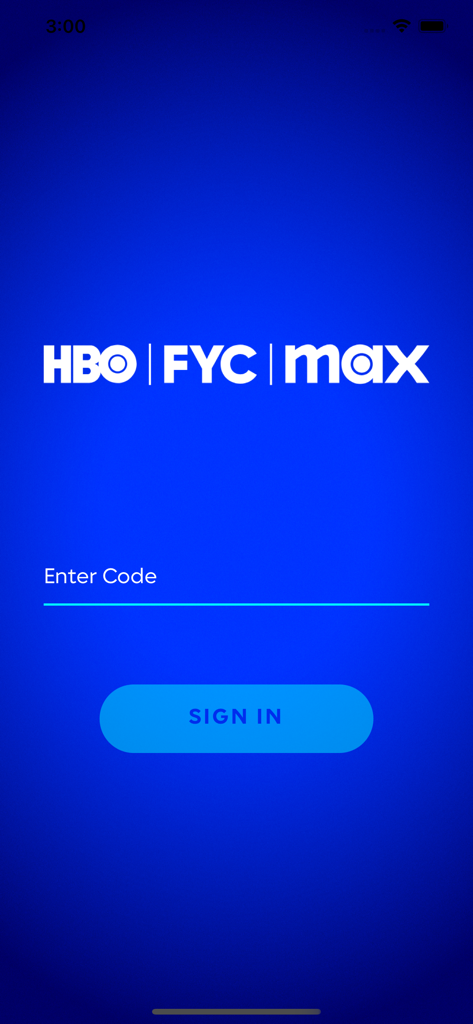 HBO Max FYC - Schermata di accesso dell'app HBO Max FYC con un campo per inserire il codice e un pulsante di accesso su sfondo blu