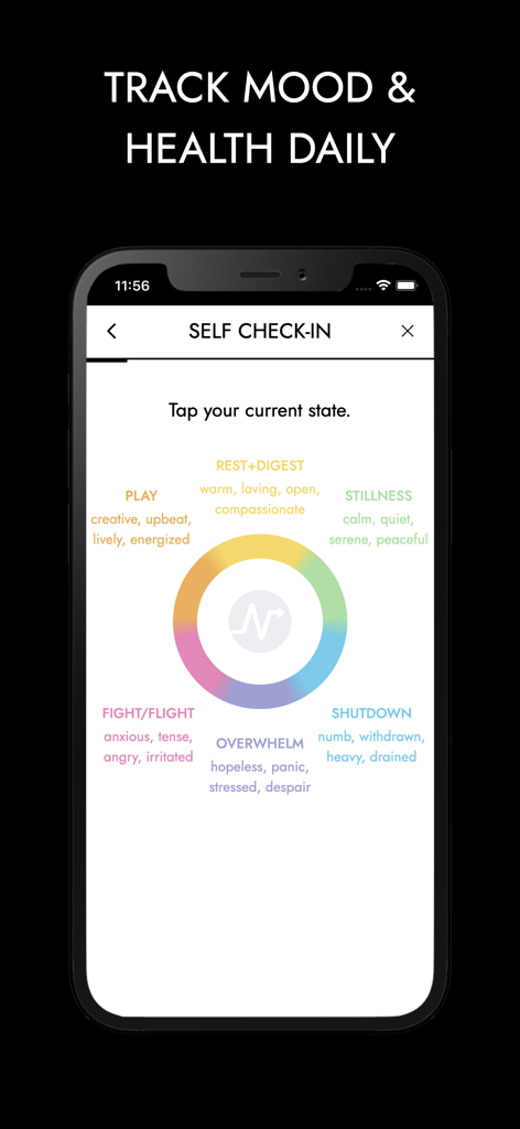 Vagus Nerve Reset: NEUROFIT™ - Pantalla de autoevaluación de la aplicación NEUROFIT con una rueda de colores del estado del sistema nervioso para el seguimiento del estado de ánimo.