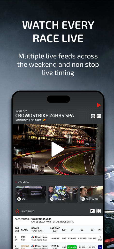GT World powered by SRO - GT World app displaying a live race video feed and real-time timing statistics