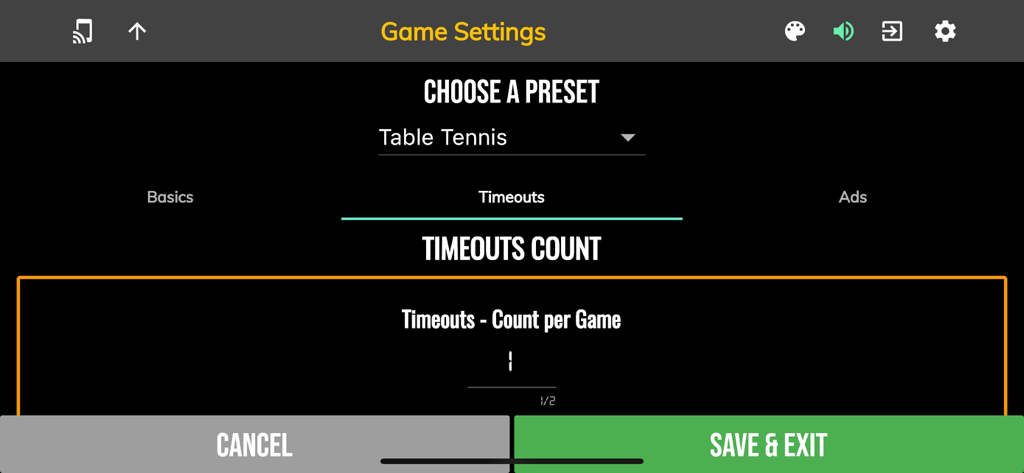 Tela de configurações de jogo do aplicativo de placar de tênis de mesa mostrando a configuração da contagem de tempos limite