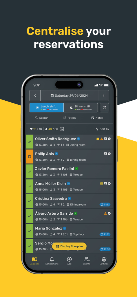 CoverManager App Reservierungsliste zeigt Gästebuchungen und Tischzuweisungen