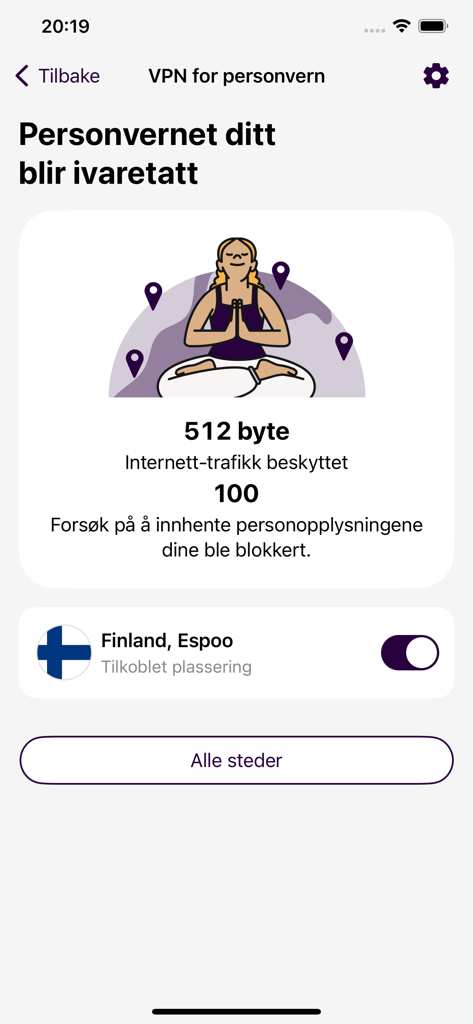Telia Trygg - Telia Trygg app interface showing VPN privacy protection status with 100 blocked tracking attempts and location set to Finland