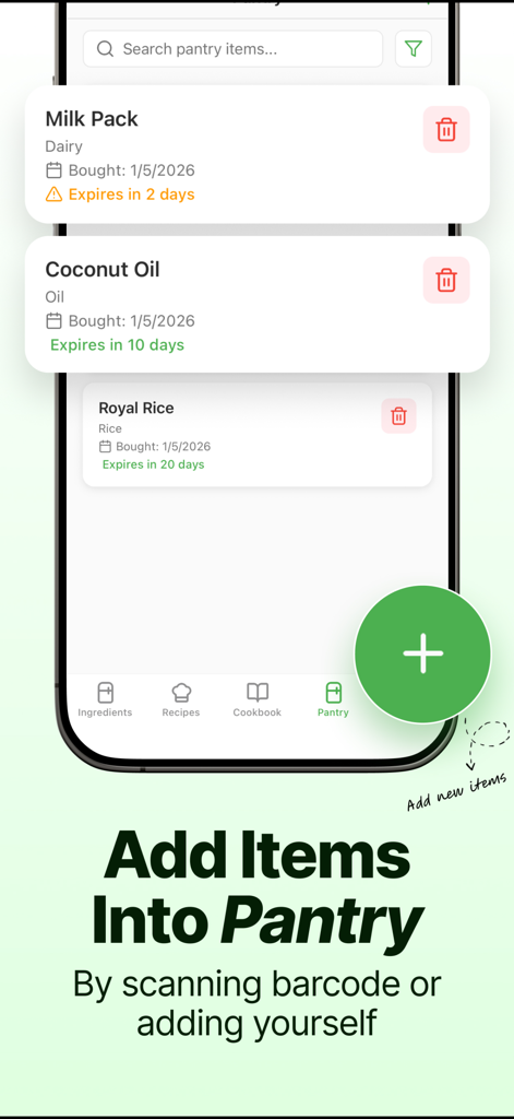 Spachula: ai recipes & pantry - Mobile app interface for managing pantry items with expiration date reminders