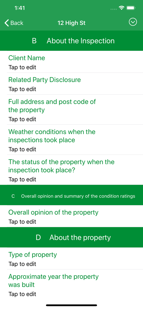 GoReport Survey - Mobile interface of GoReport Survey app showing a property inspection data entry form