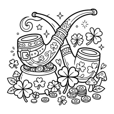 Dive into a world of Irish folklore with this enchanting coloring page, perfect for young artists. Featuring classic leprechaun pipes, shimmering gold, and lucky shamrocks, it's an ideal activity for St. Patrick's Day or any day you need a touch of magic.