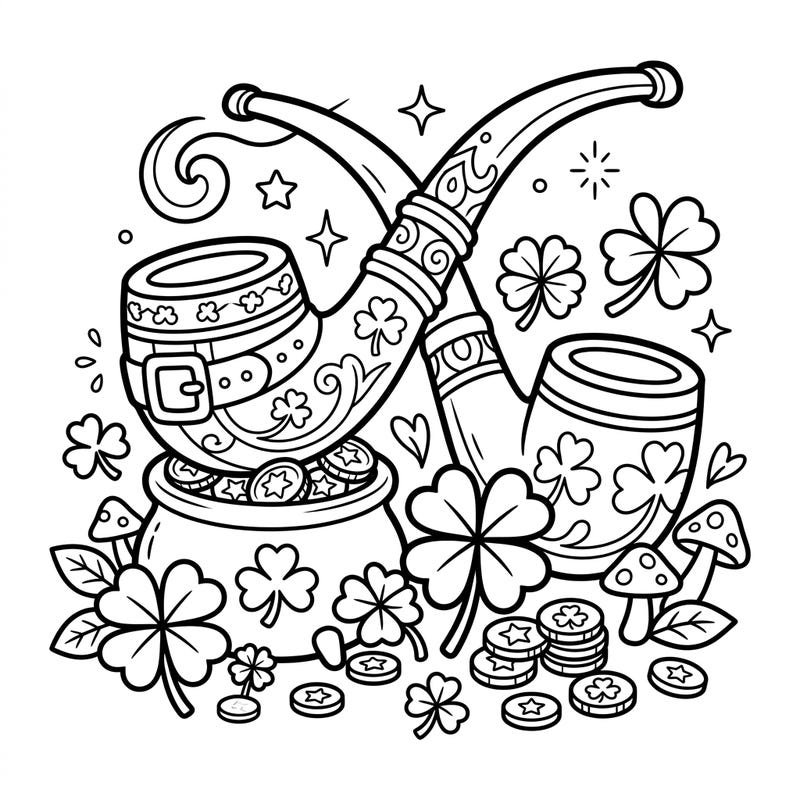 Dive into a world of Irish folklore with this enchanting coloring page, perfect for young artists. Featuring classic leprechaun pipes, shimmering gold, and lucky shamrocks, it's an ideal activity for St. Patrick's Day or any day you need a touch of magic.