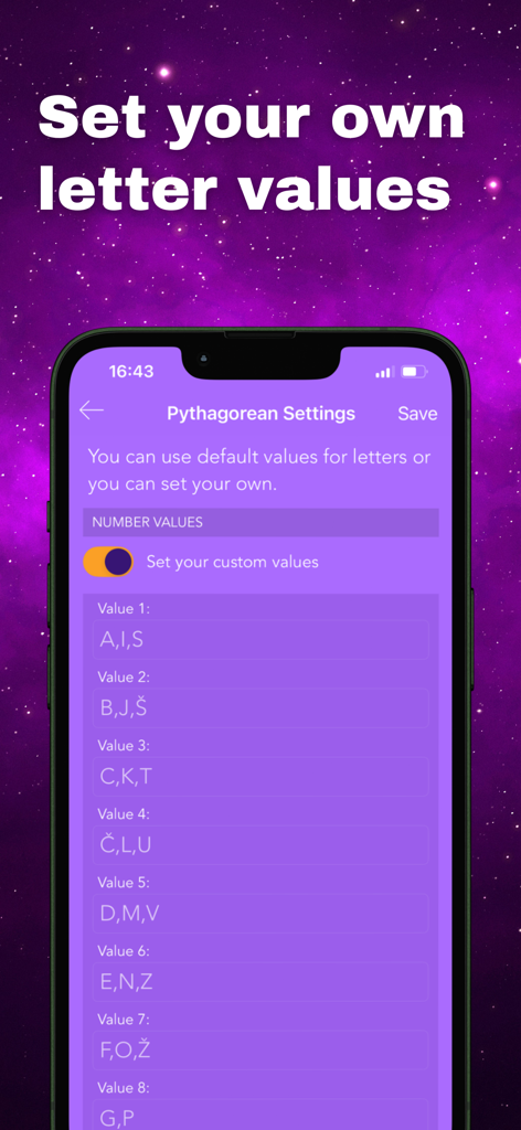 Pocket Numerology - App screen showing custom letter value settings in the Pythagorean numerology system
