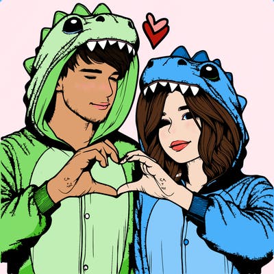realistic couple wearing matching dinosaur onesies with heart hand gesture