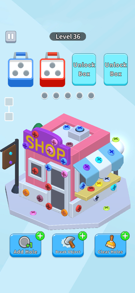 Gameplay of Screw Away 3D Pin Puzzle showing a colorful shop building covered in various colored screws to be unscrewed.