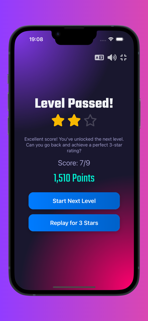 Football quiz games - Football trivia game results screen showing level passed with a score of 7 out of 9 and 1510 points