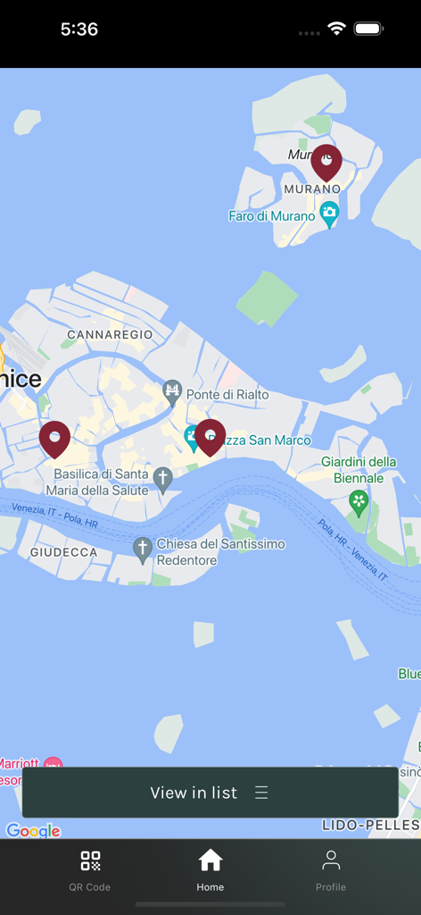 MuVe - Mapa interactivo de Venecia que muestra las ubicaciones de los Museos Cívicos en la app MuVe